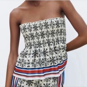 ZARA Floral Knit Smocked Tube Top Strapless S
